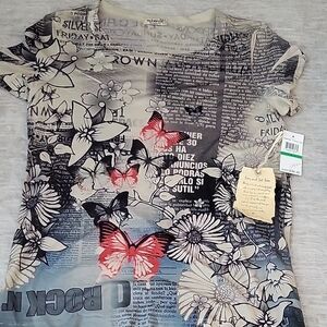 ONE WORLD Multicolor Floral and Text Short Sleeve Tee